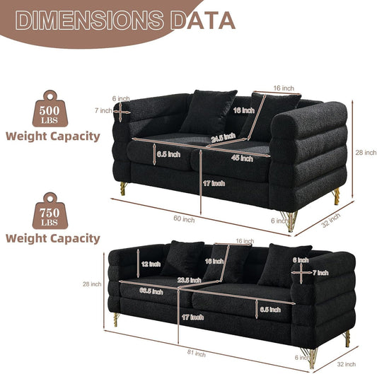 Sofa, 2 Pieces Sofa Set,Oversize 2/3 Seater Extra Deep Seat Sofa,Modern Upholstered Futon Sofa Couch, Comfy Teddy Bouclé Cloud Sofa,Furniture for Living Room,Bedroom,Office,Apartment(Black)-1