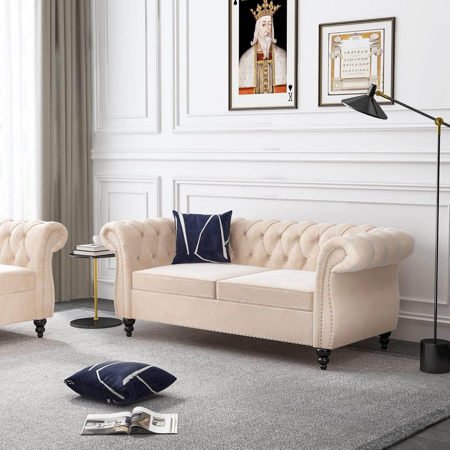 3-Piece Living Room Sectional Sofa Set, Upholstered Sofa Modern Sofa Couches Set Style Button Tufted, Velvet Chesterfield Sofa for Living Room Apartment, 1+2+3 Seat Beige - Loft&Timber