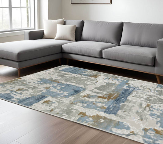 10' X 13' Grey Blue Navy Ivory And Brown Abstract Power Loom Stain Resistant Area Rug - Loft&Timber