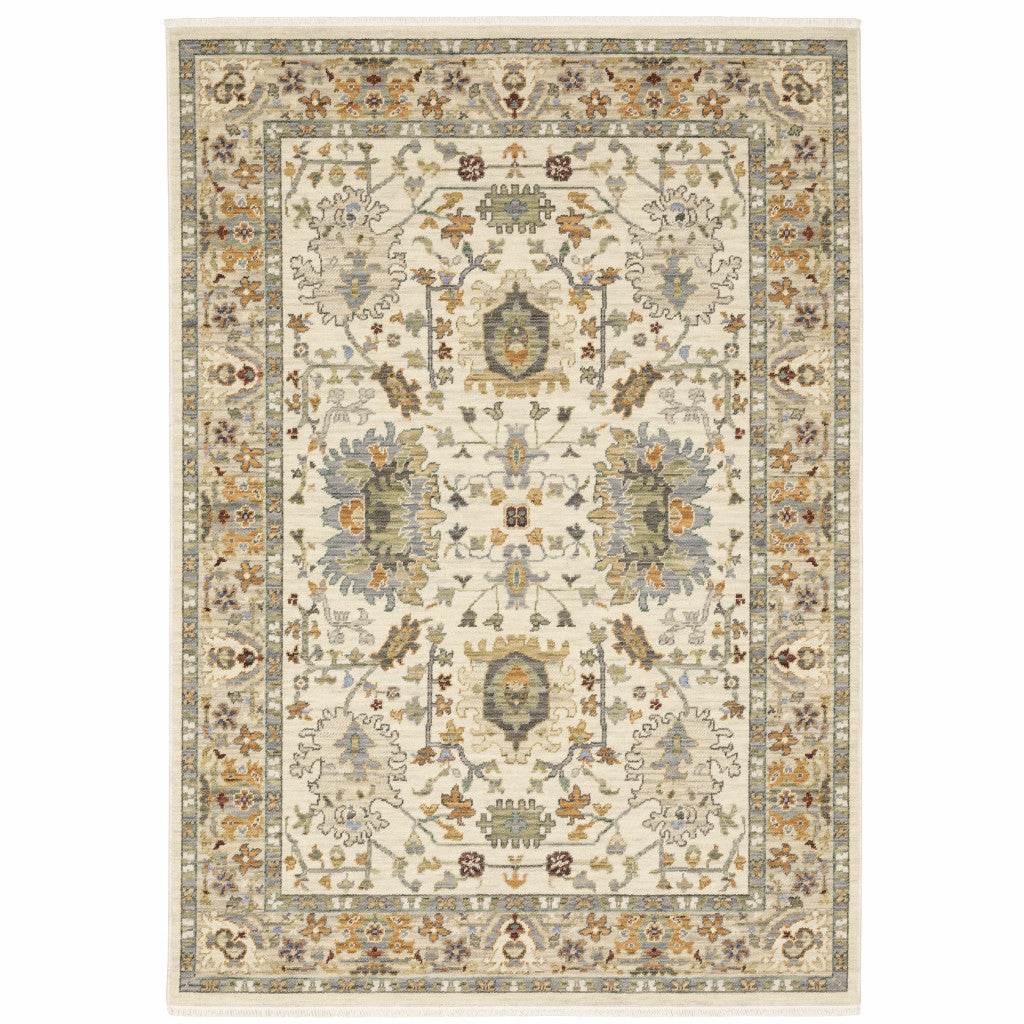 10' X 13' Ivory Oriental Power Loom Stain Resistant Area Rug With Fringe - Loft&Timber
