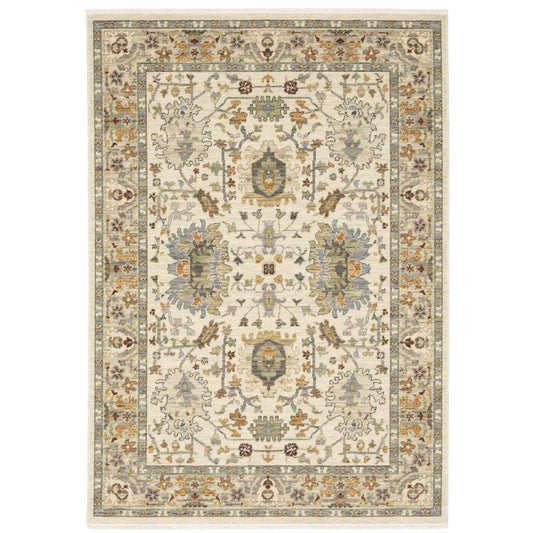 10' X 13' Ivory Oriental Power Loom Stain Resistant Area Rug With Fringe - Loft&Timber