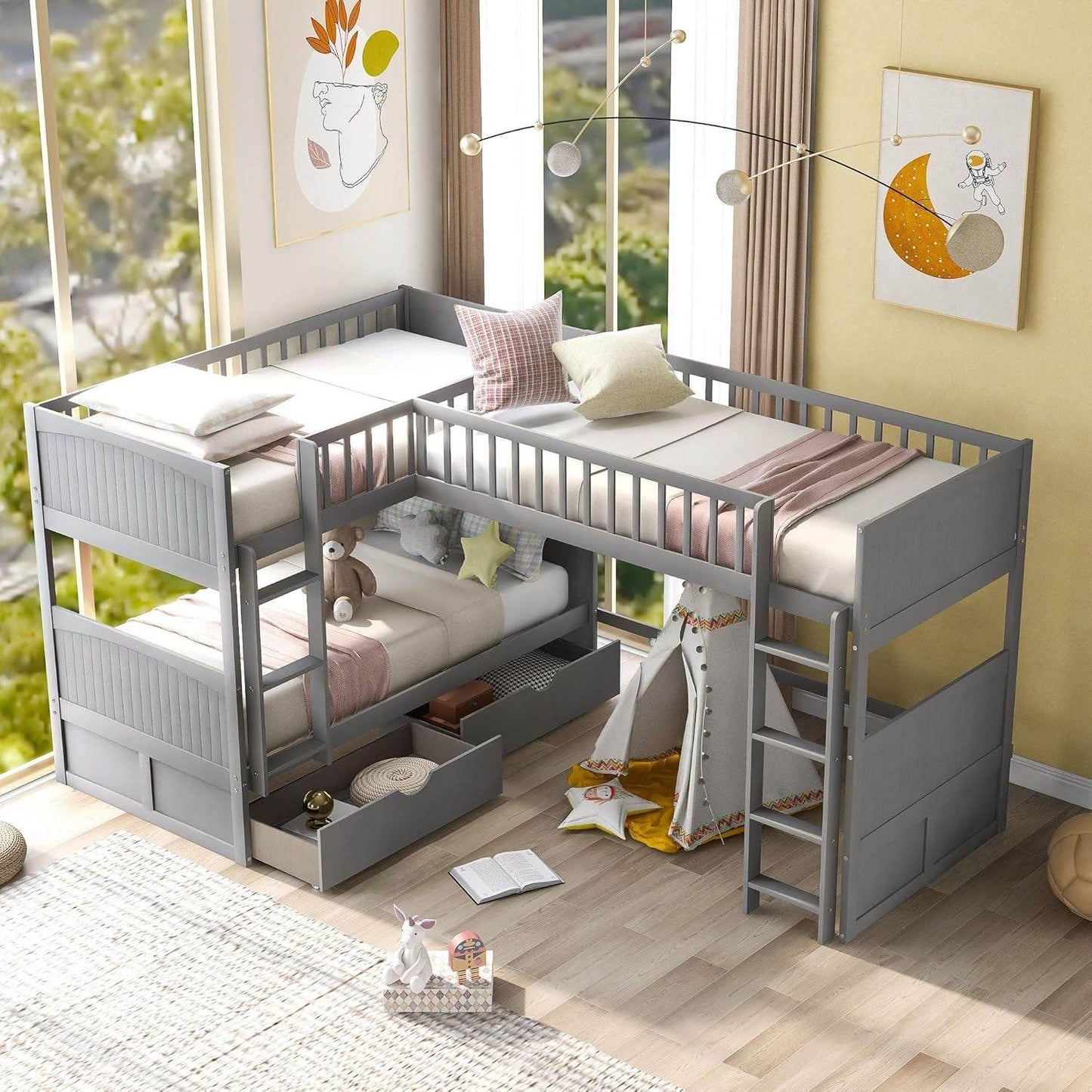 Triple Bunk Bed for Kids L Shaped Bunk Bed Solid Wood Twin over Twin over Twin Bed with 2 Drawers and 2 Ladders, No Box Spring Needed, Gray - Loft&Timber