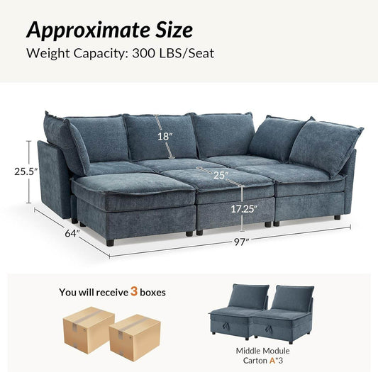 127'' Modular Sectional Sofa, Blue - Loft&Timber