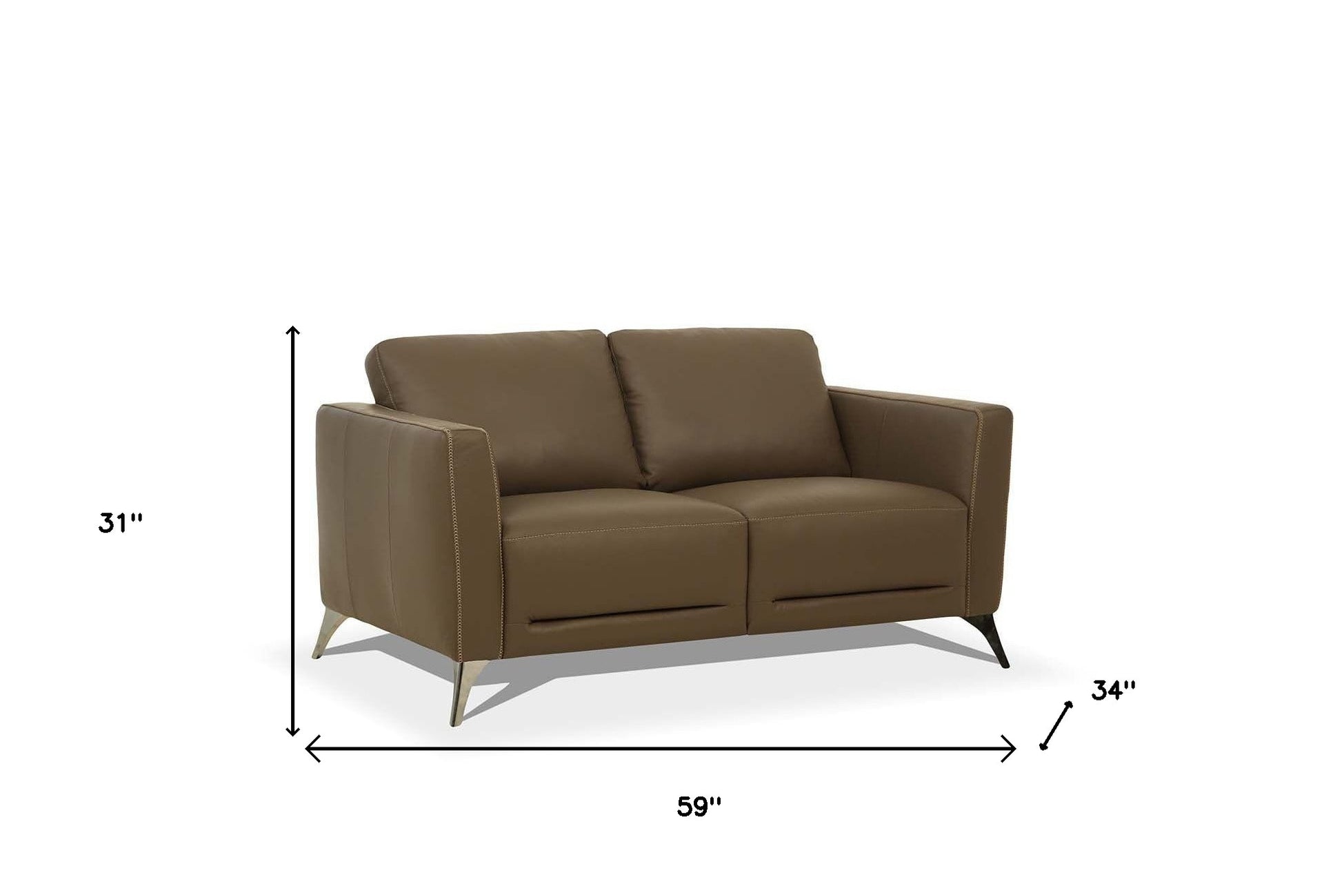 59" Brown And Silver Leather Loveseat - Loft&Timber
