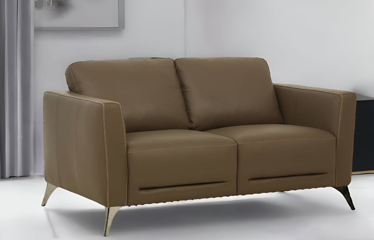 59" Brown And Silver Leather Loveseat - Loft&Timber