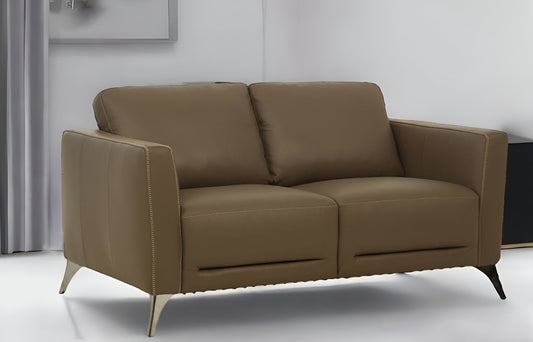 59" Brown And Silver Leather Loveseat - Loft&Timber