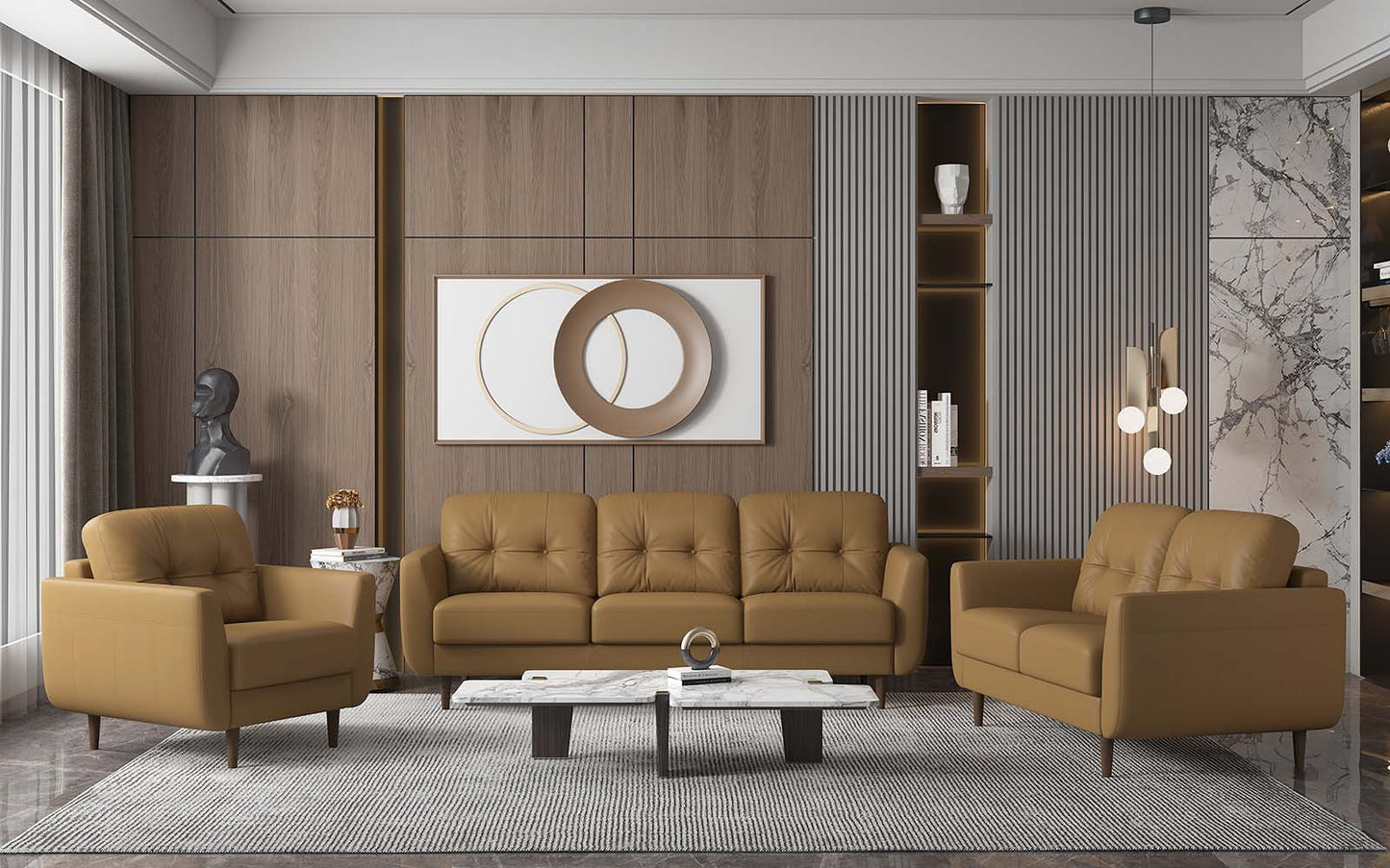 59" Camel And Brown Leather Loveseat - Loft&Timber