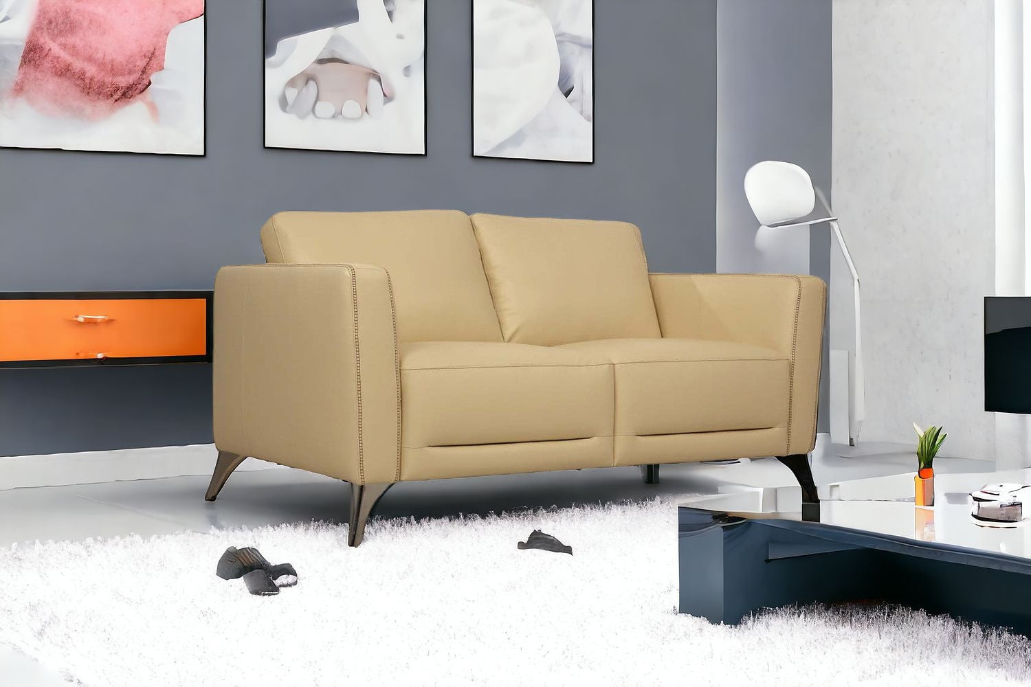 59" Cream And Silver Leather Loveseat - Loft&Timber