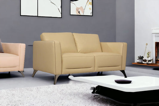 59" Cream And Silver Leather Loveseat - Loft&Timber