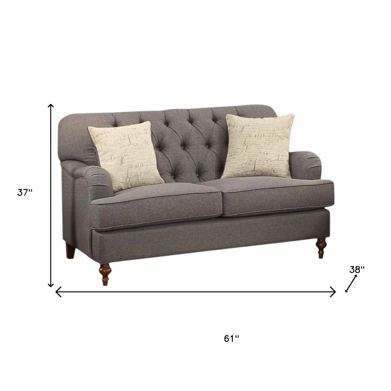 61" Dark Gray And Brown Linen Curved Loveseat and Toss Pillows - Loft&Timber