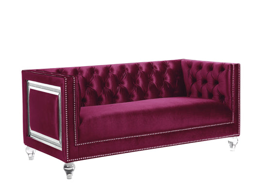 67" Burgundy And Silver Velvet Loveseat and Toss Pillows-0