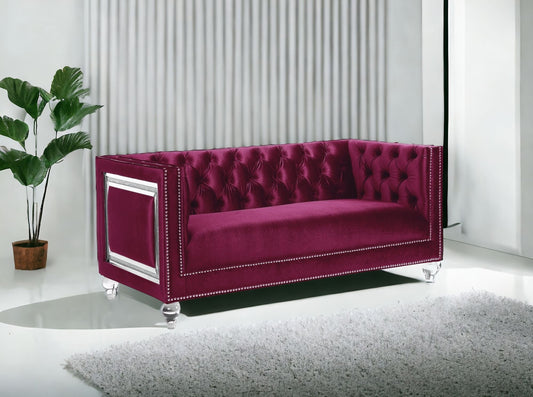 67" Burgundy And Silver Velvet Loveseat and Toss Pillows-1