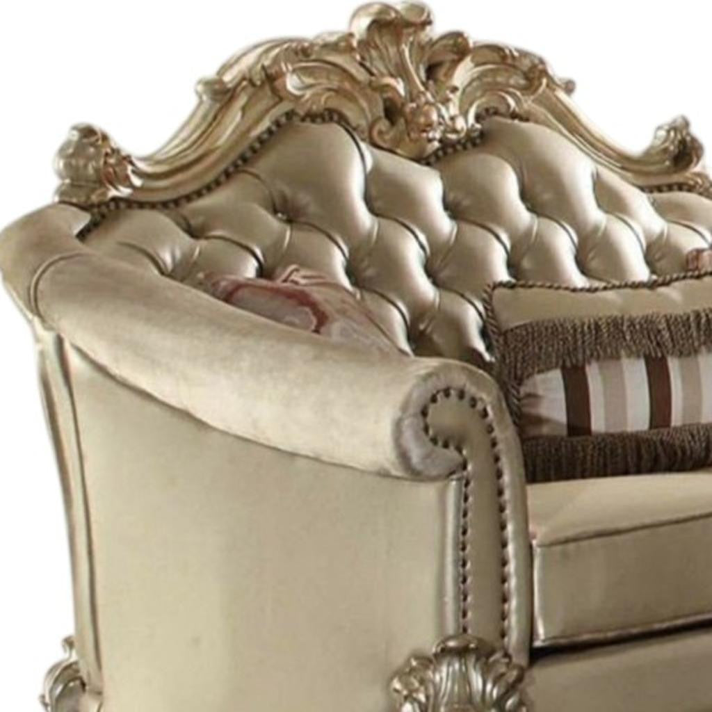 67" Bone And Gold Faux Leather Loveseat and Toss Pillows - Loft&Timber