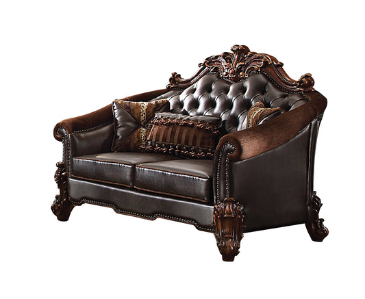 66" Brown And Dark Brown Chenille And Faux Leather Loveseat and Toss Pillows - Loft&Timber