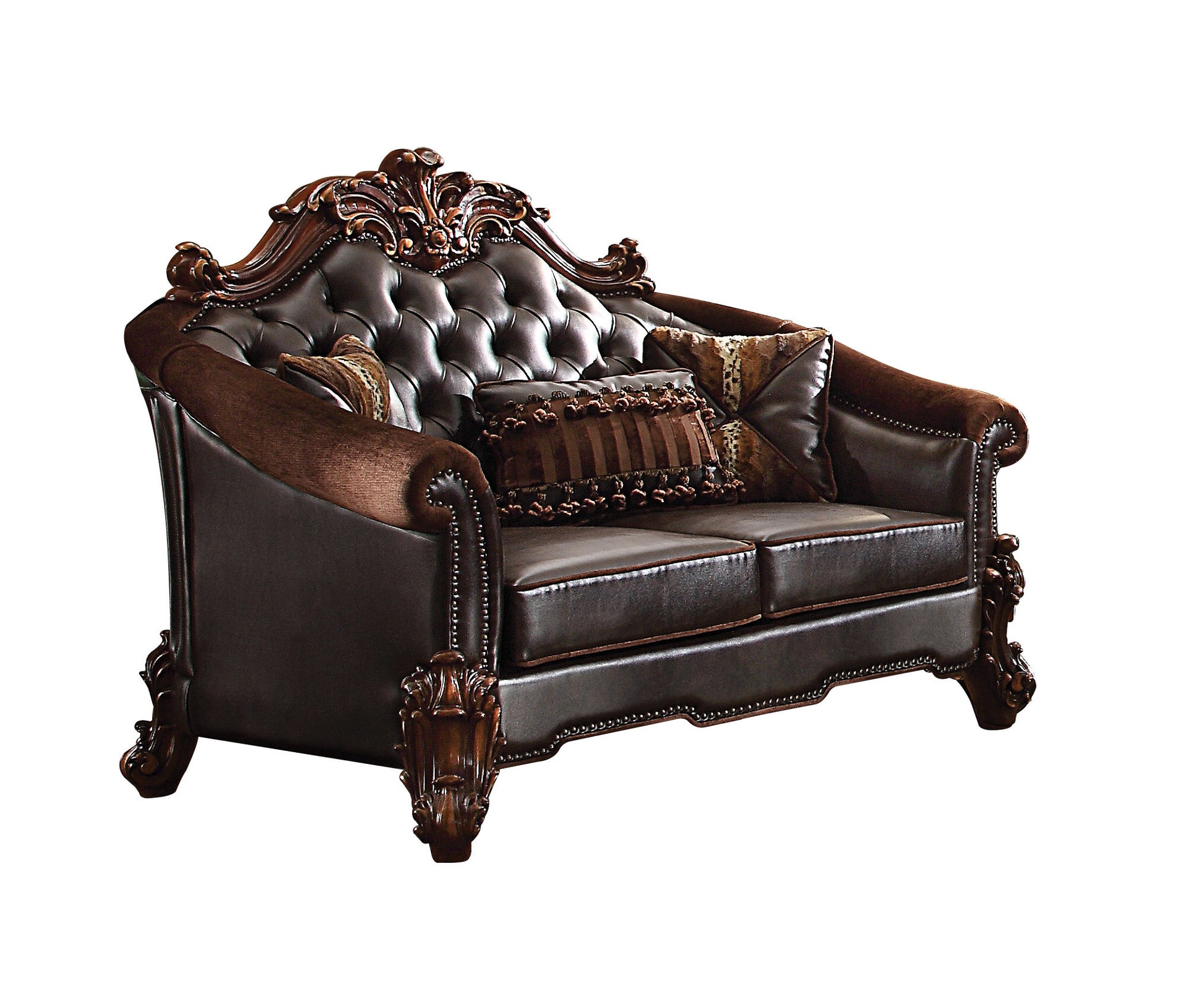 66" Brown And Dark Brown Chenille And Faux Leather Loveseat and Toss Pillows - Loft&Timber
