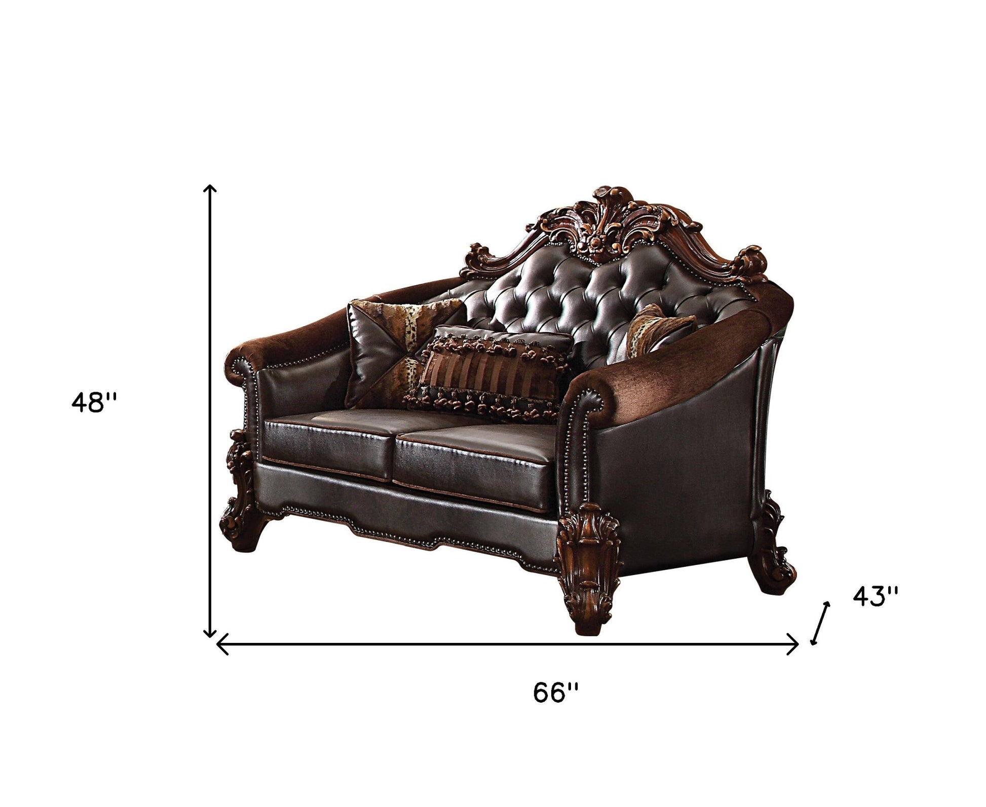 66" Brown And Dark Brown Chenille And Faux Leather Loveseat and Toss Pillows - Loft&Timber