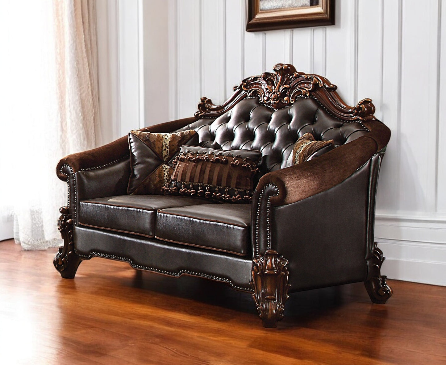 66" Brown And Dark Brown Chenille And Faux Leather Loveseat and Toss Pillows - Loft&Timber