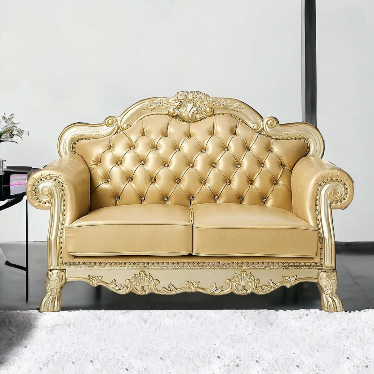 64" Bone And Gold Faux Leather Loveseat and Toss Pillows - Loft&Timber