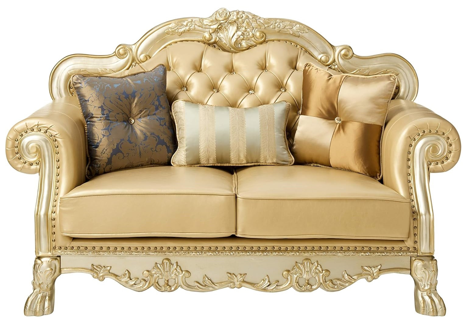 64" Bone And Gold Faux Leather Loveseat and Toss Pillows - Loft&Timber