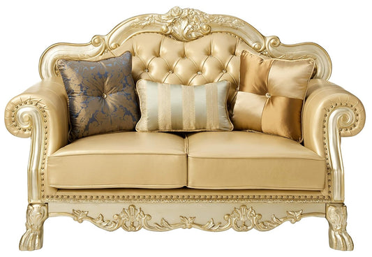 64" Bone And Gold Faux Leather Loveseat and Toss Pillows - Loft&Timber