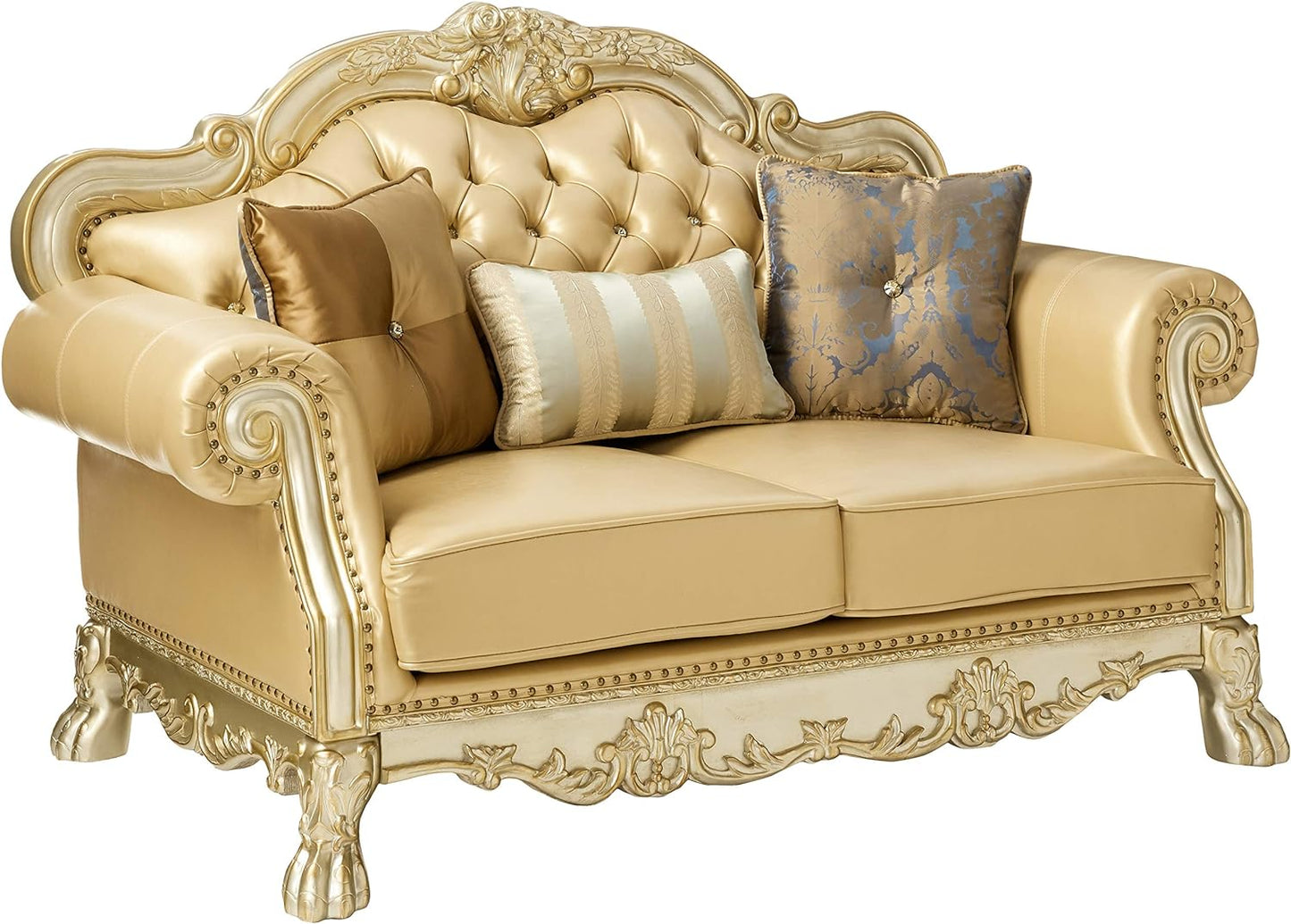 64" Bone And Gold Faux Leather Loveseat and Toss Pillows - Loft&Timber