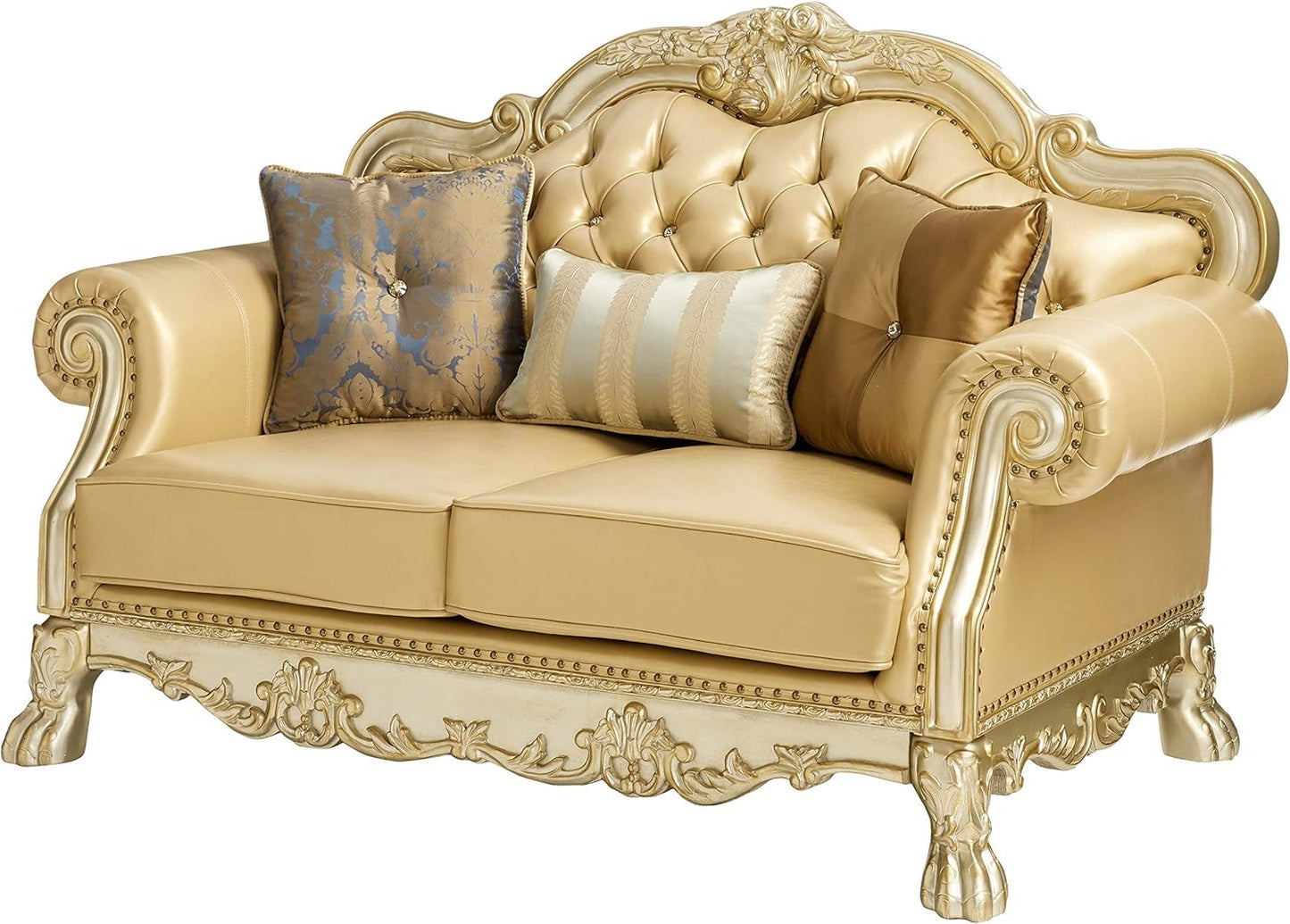 64" Bone And Gold Faux Leather Loveseat and Toss Pillows - Loft&Timber