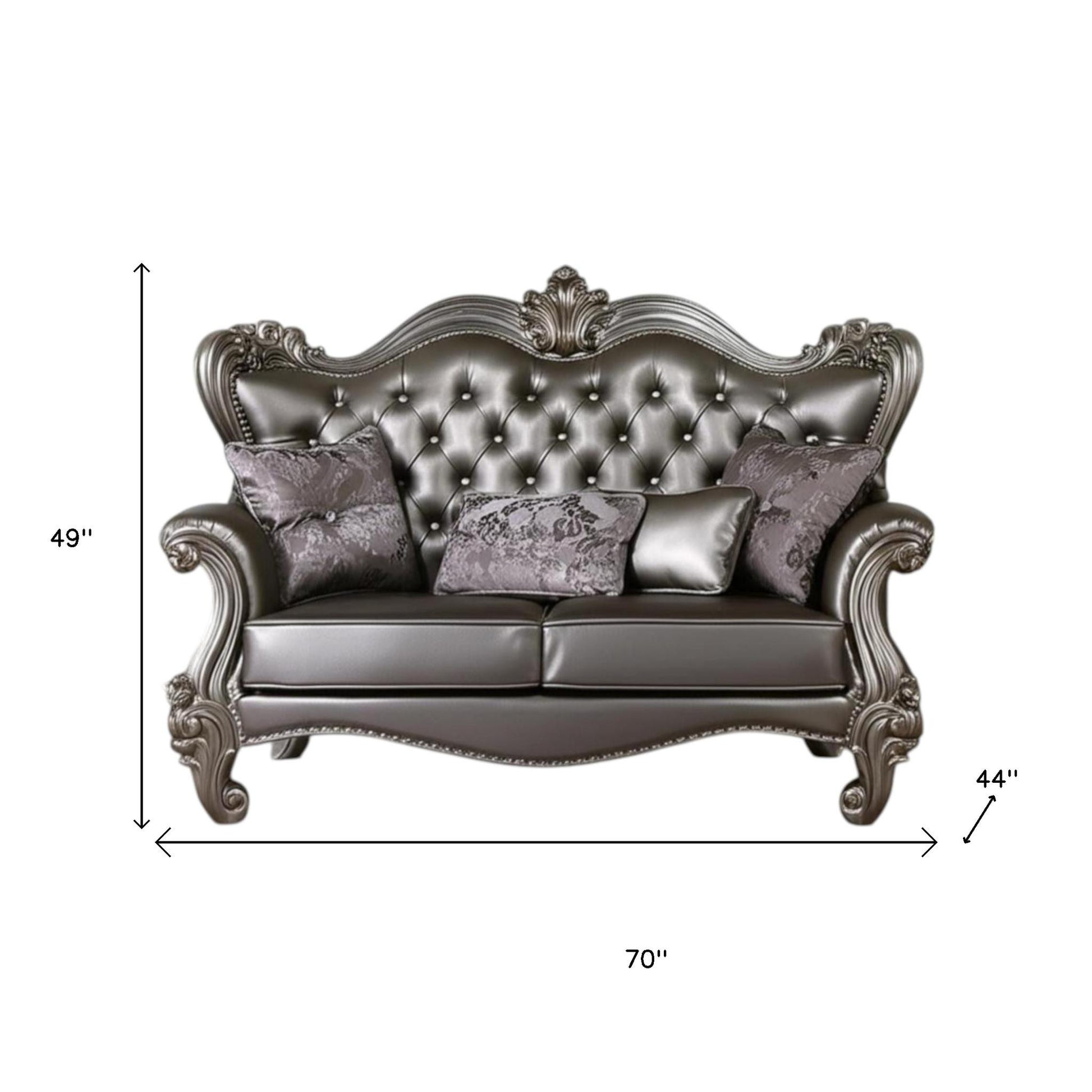 70" Silver And Platinum Faux Leather Loveseat and Toss Pillows - Loft&Timber