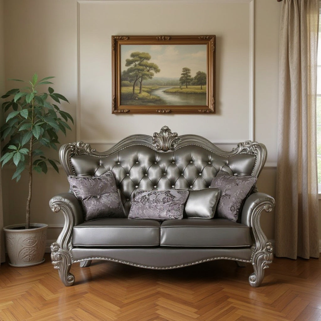 70" Silver And Platinum Faux Leather Loveseat and Toss Pillows - Loft&Timber