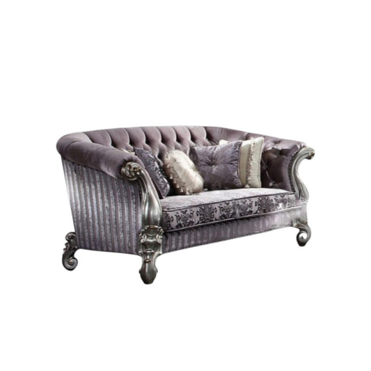 76" Purple And Platinum Velvet Loveseat and Toss Pillows - Loft&Timber