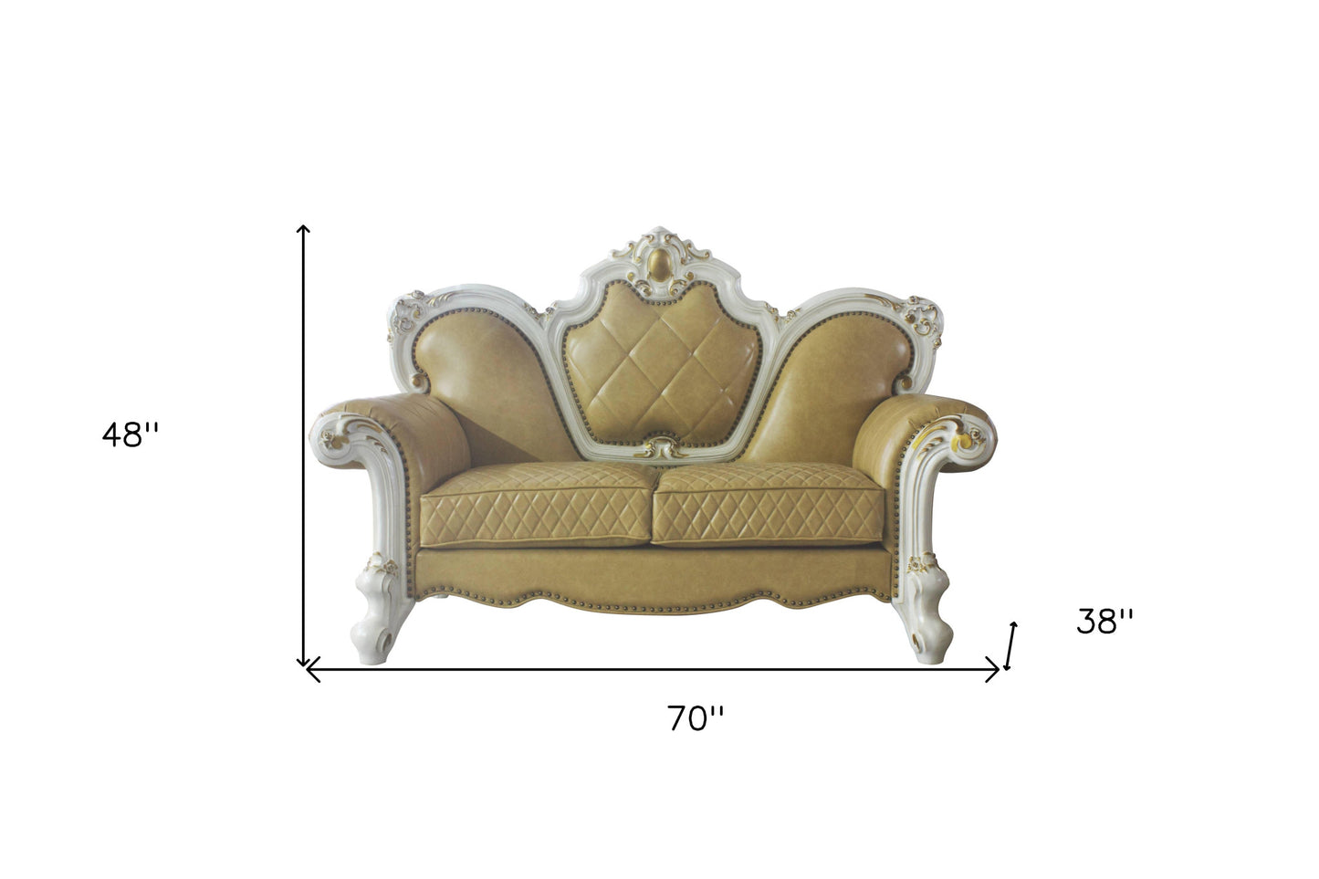 70" Golden Yellow And Pearl Faux Leather Loveseat and Toss Pillows - Loft&Timber