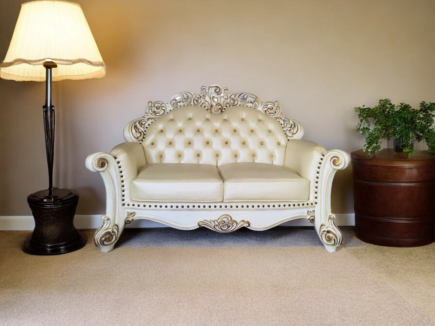 70" Champagne And Pearl Faux Leather Loveseat and Toss Pillows - Loft&Timber