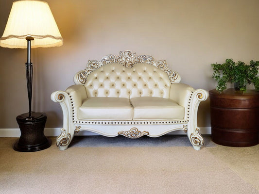 70" Champagne And Pearl Faux Leather Loveseat and Toss Pillows - Loft&Timber