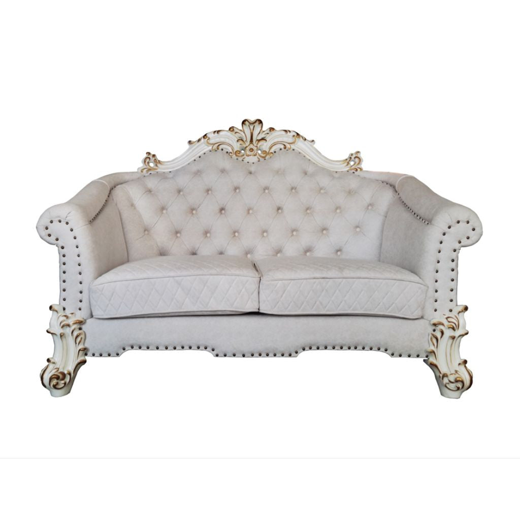 66" Two Tone Ivory And Pearl Velvet Loveseat and Toss Pillows - Loft&Timber