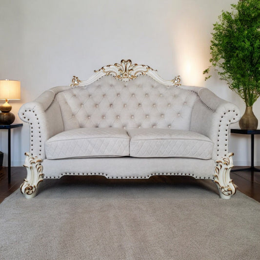 66" Two Tone Ivory And Pearl Velvet Loveseat and Toss Pillows - Loft&Timber
