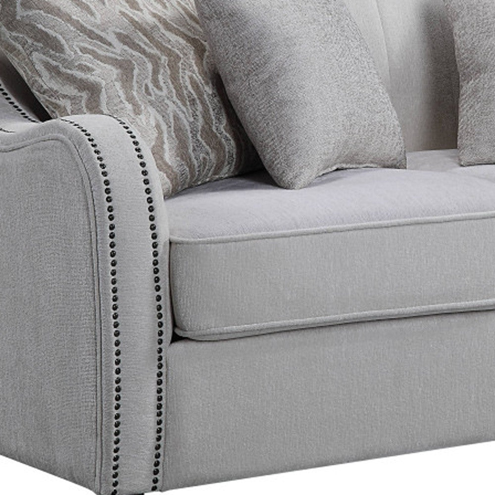 63" Beige And Black Linen Curved Loveseat and Toss Pillows - Loft&Timber