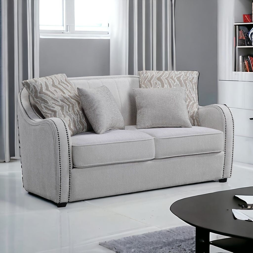 63" Beige And Black Linen Curved Loveseat and Toss Pillows - Loft&Timber