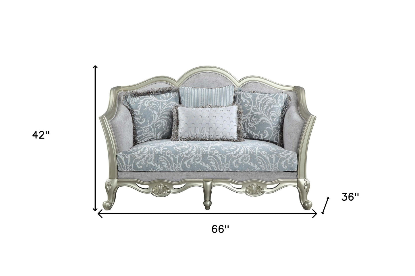 66" Light Gray And Champagne Linen Damask Loveseat and Toss Pillows - Loft&Timber