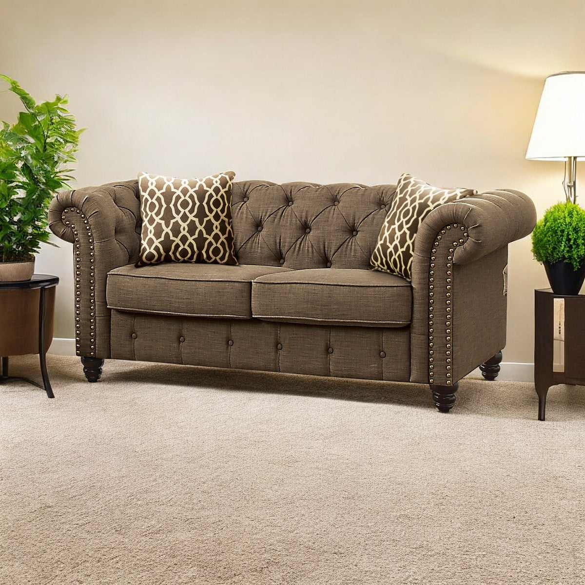 67" Brown And Dark Brown Linen Loveseat - Loft&Timber