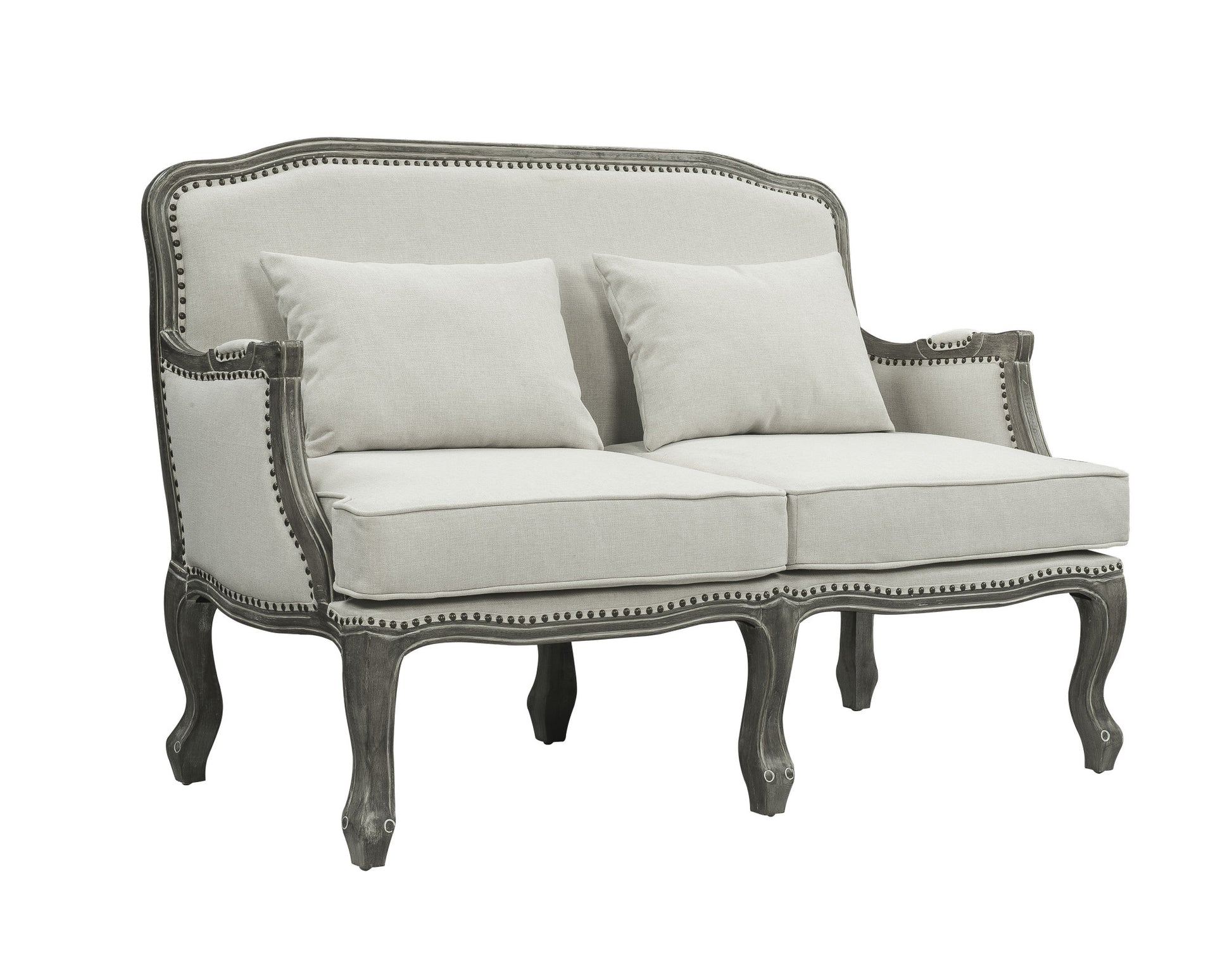 56" Cream And Gray Linen Loveseat and Toss Pillows - Loft&Timber