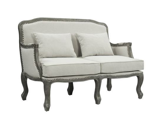 56" Cream And Gray Linen Loveseat and Toss Pillows - Loft&Timber