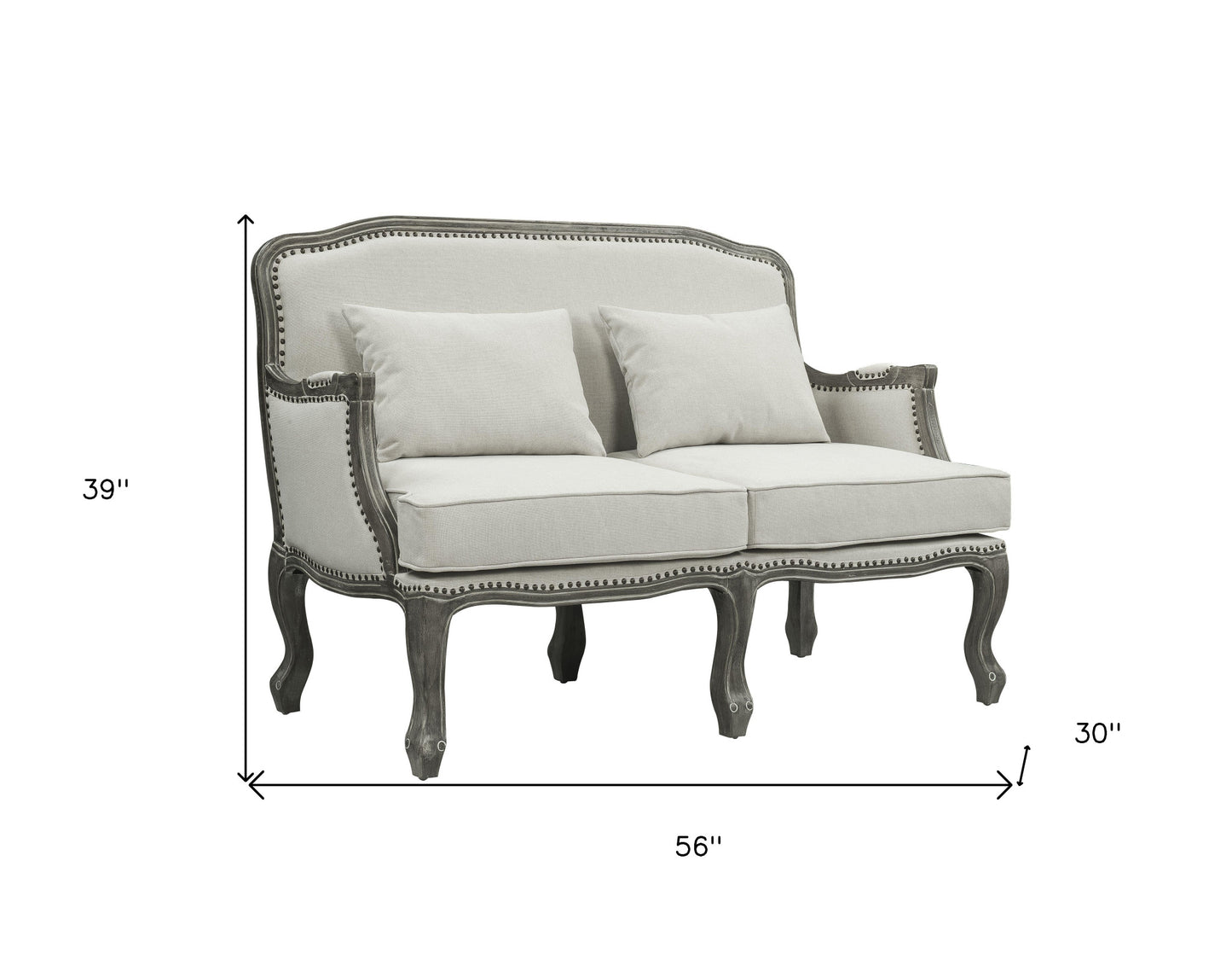 56" Cream And Gray Linen Loveseat and Toss Pillows - Loft&Timber