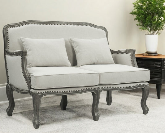 56" Cream And Gray Linen Loveseat and Toss Pillows - Loft&Timber