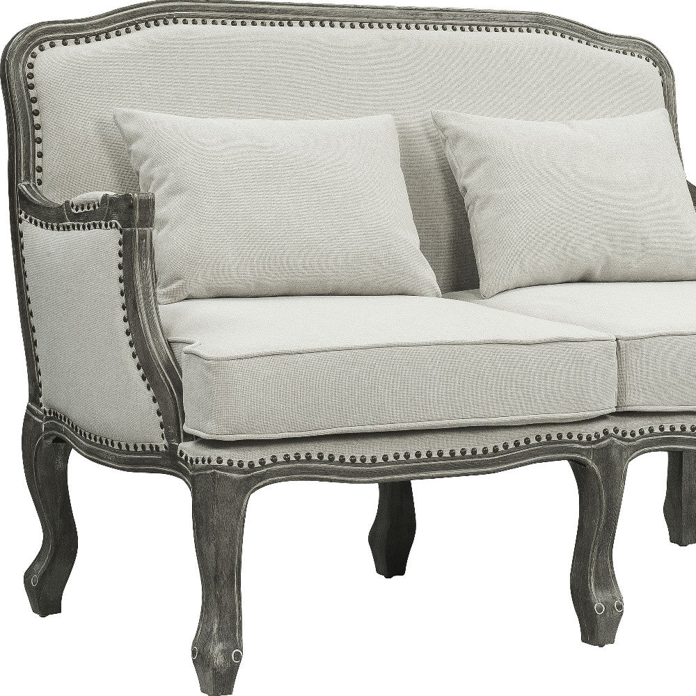 56" Cream And Gray Linen Loveseat and Toss Pillows - Loft&Timber