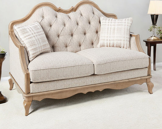 62" Beige And Brown Linen Loveseat and Toss Pillows - Loft&Timber