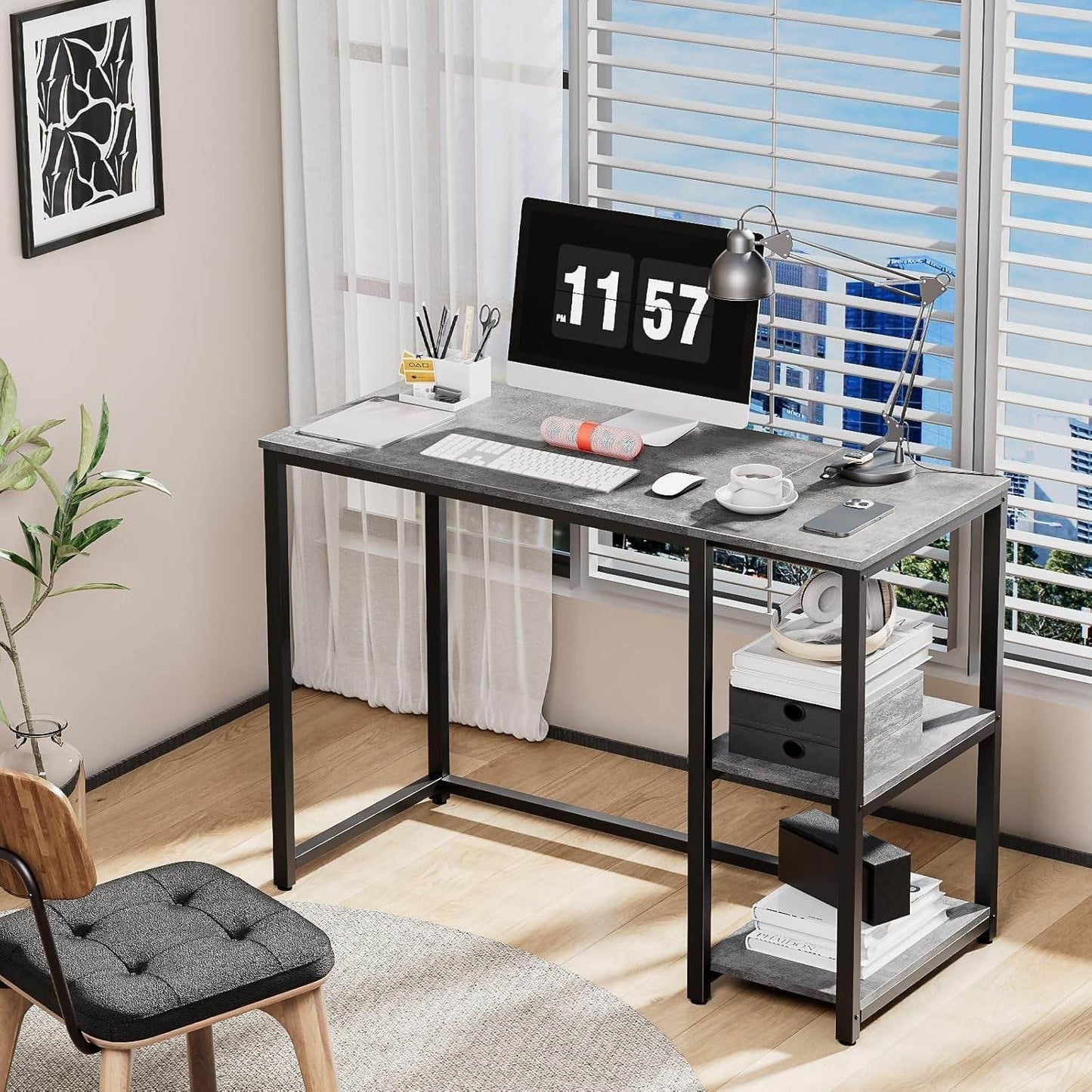 Computer Desk 40 Inches with 2-Tier Shelves in Gray - Loft&Timber