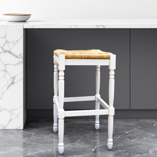 29" Natural And Antiqued White Solid Wood Backless Bar Height Bar Chair - Loft&Timber