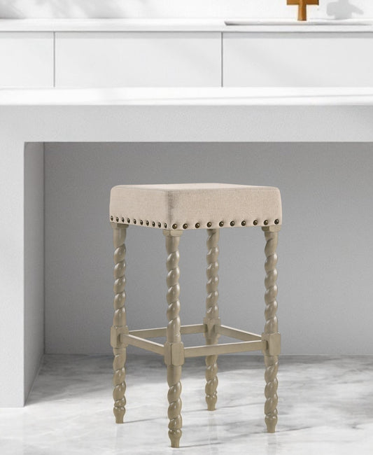 30" Cream And Gray Solid Wood Backless Bar Height Bar Chair - Loft&Timber