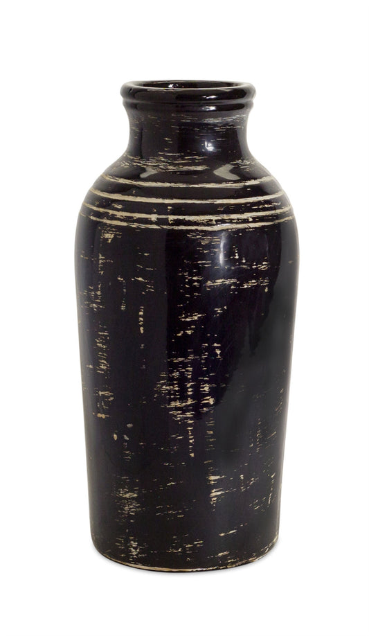 18" Black and Ivory Striped Urn Ceramic Floor Vase - Loft&Timber