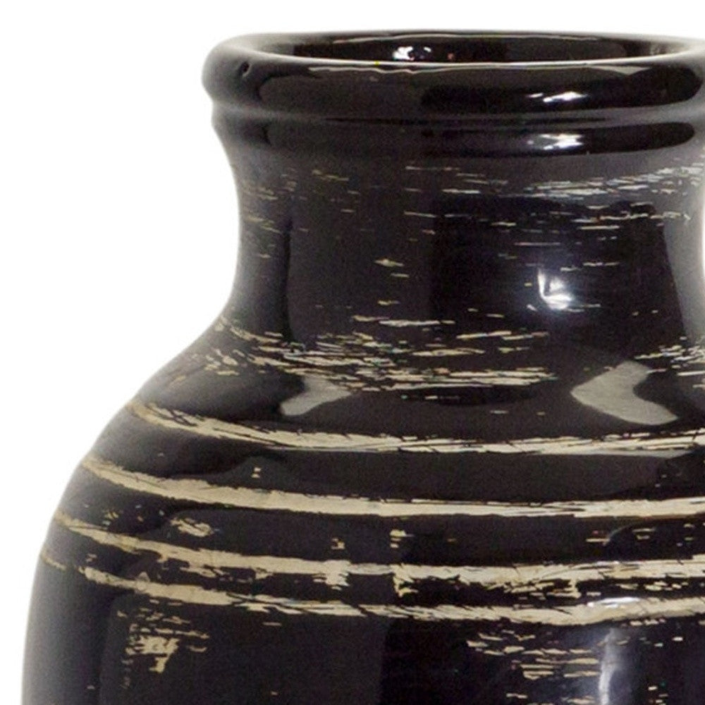 18" Black and Ivory Striped Urn Ceramic Floor Vase - Loft&Timber