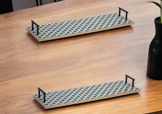 Set of Two Blue Solid Wood Geometric Serving Tray With Handles - Loft&Timber